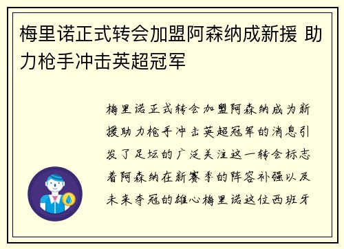 梅里诺正式转会加盟阿森纳成新援 助力枪手冲击英超冠军