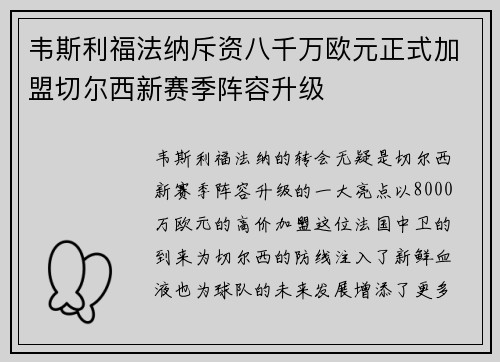 韦斯利福法纳斥资八千万欧元正式加盟切尔西新赛季阵容升级